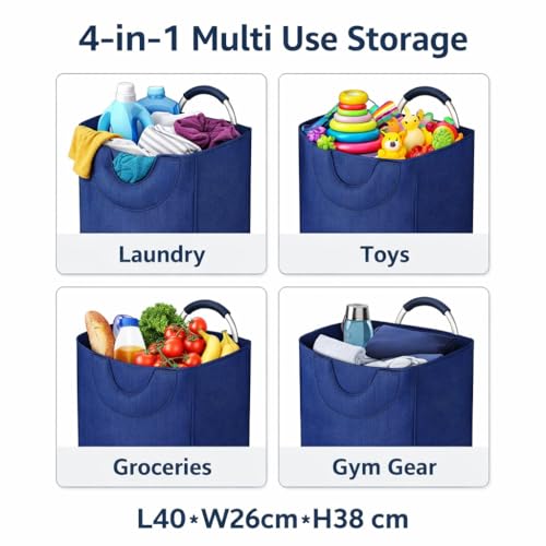 Image of DecorTwist Structured Fabric Laundry Basket with Metal Handles | Large Carry Basket for Clothes Toys & Storage | Foldable & Multipurpose | L40xW26xH38 cm | Blue