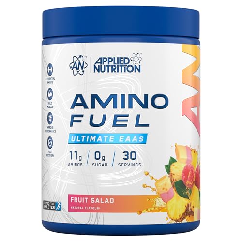 Applied Nutrition Amino Fuel, Polvo de Aminoácidos Esenciales EAA, 390g, 30 Porciones, Sabor Ensalada de Frutas, con BCAA, Glutamina, Electrolitos, Sin Azúcar