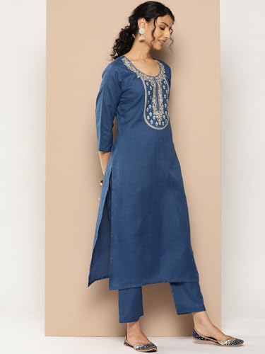 Image of Varanga Women Straight fit Embroiderd Yoke Blue Kurta with Side Slit Styled with a Matching Bottom and Printed Bhagalpuri Dupatta Perfect for Casual wear.