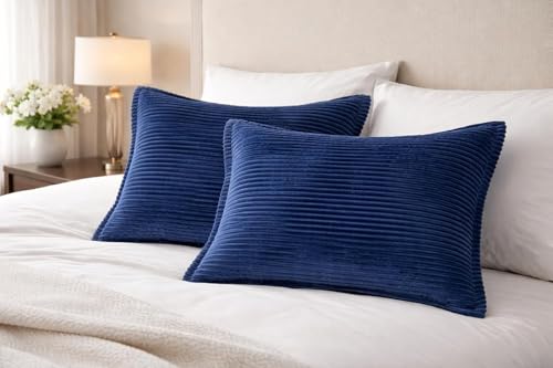 Image of RD TREND Corduroy Cushion Cover Set of 2, Striped Double Sided Decorative Throw Pillowcases for Sofa, Bed & Living Room Rectangular Long Cushion Covers 18x28 inches | Navy Blue