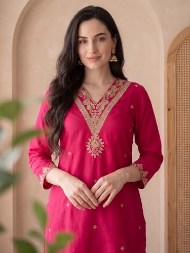 Image of INDO ERA Women's Black Silk Blend Embroidered Mirror Work Kurta & Pant with Dupatta Set (IEDDAI484)