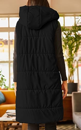 Grlasen Women's Long Quilted Puffer Vest Sleeveless Hooded Button Down Padded Coats Jacket Outerwear with Pockets3