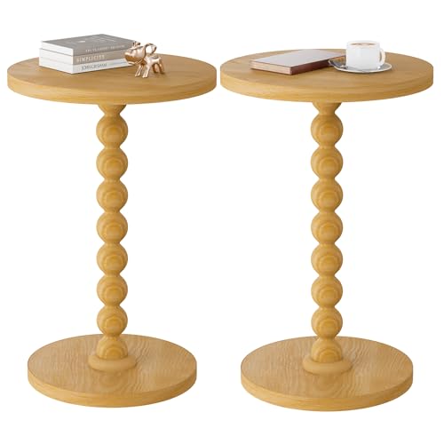 TEROL Round Side Table, Drink Table for Small Spaces, Modern Accent Nightstand with Rubberwood Leg for Living Room, Bedroom, Corners, and Office (2, Dark Natural)