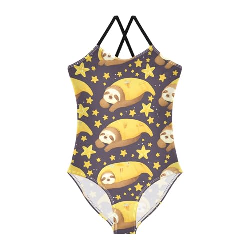 Sleeping Sloths Girls One Piece Swimsuits Yellow Stars Sport Halter Swimwear Beach Bathing Suit 9-10T