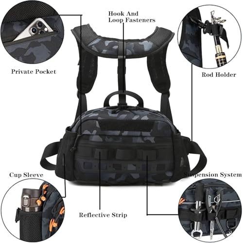 Chest Bag, Waterproof Fishing Backpack with Rod Holder, Adjustable Shoulder Straps, Multiple Storage Pockets(B)4