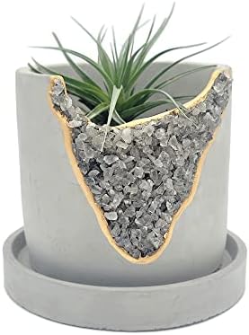 4 Inch Crystal Plant Pot with Saucer - Cement Geode Planter - Concrete Pots for Plants - Modern Succulent Pot Indoor - Unique Air Plant Holder - Candle Holder - Small Plant Home Decor (Smoky Quartz)