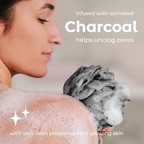 MainBasics Charcoal Infused Bath Shower Loofah Sponge Pouf Body Wash Scrubber (Set of 3)