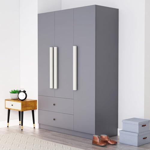 Image of Bniture Wooden Almirah for Clothes, Door for Bedroom, 3 Door Wardrobe with 2 Drawer & Hanging Space (40D x 120W x 180H CM) | 3 Year Warranty (Giant Wood & Slate Grey)