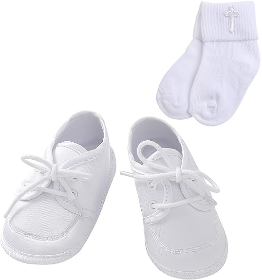 BooulfiBaby Boy Shoes Newborn White Shoes Socks for Infant Boy Girls,2 Pcs Christening Baptism Baby Shoes and Socks Set