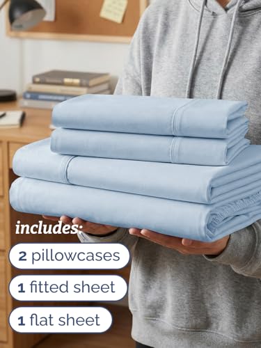 Image of Twin XL 4 Piece Sheet Set - College Dorm Room Essentials - Sky Blue | Ultra Soft Dorm Bedding Set, 8 inch to 16 inch Inch Deep Pockets, 1 Flat & 1 Fitted Sheet & 2 Pillowcases, Wrinkle & Fade Free