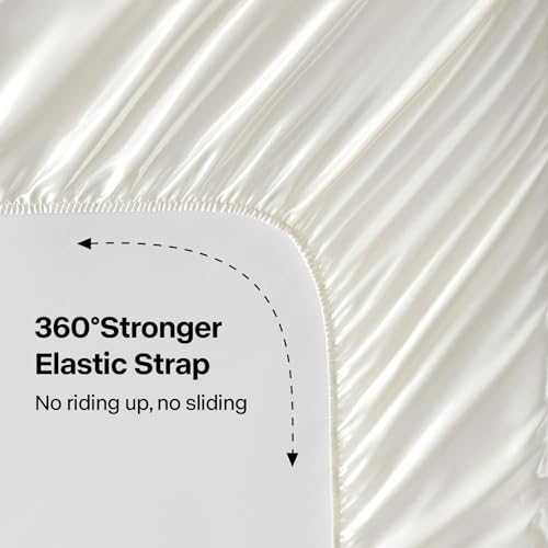 BEDELITE Satin Fitted Sheet and Pillowcase Set, Luxury Soft Similar to Silk Bottom Bed Sheet with Elastic Corner Straps, Deep Pocket up to 15 Inch, 1 Fitted Sheet and 1 Pillowcase(Twin XL,Ivory White)