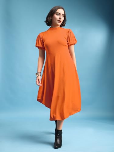 Image of PURVAJA Women's Fit & Flare Knee Length Short Sleeve Turtle Neck Solid Dress