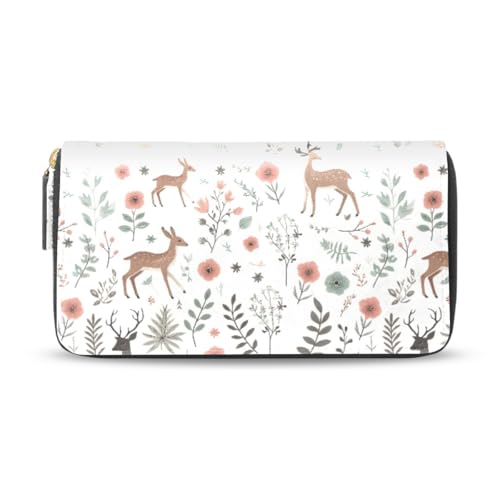 Long Wallets Leather Bifold Wallet for Women Deers Floral Branches with Zipper Credit Card Holder Large Capacity