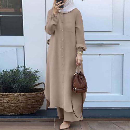 Women's Muslim 2 Pieces Sets Long Sleeve Button Down Shirt and Pants Abaya Casual Dress Dubai Outfits2