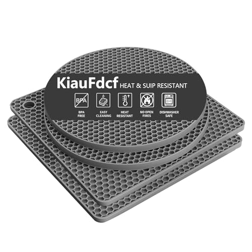 KiauFdcf 4 Pcs Heat-Resistant Silicone Trivet Set - Non-Slip Hot Pads for Dining Tables, Multi-Use Mats for Hot Cookware,Dishes, 2 Squared + 2 Round Coasters (Grey)