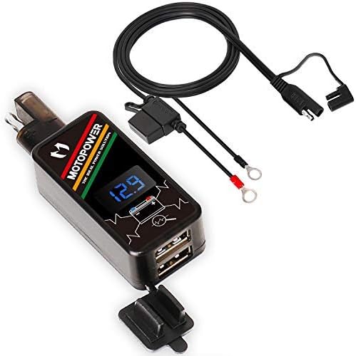 MOTOPOWER MP0620A 4.2Amp Motorcycle Dual USB Charger Kit SAE to USB Adapter with LED Voltmeter and Ring Terminal Harness