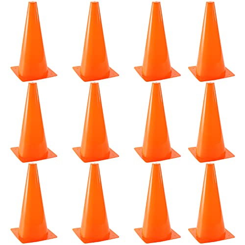 Bekith 12 Pack 12.5 Inch Plastic Traffic Cones with Racing Chequered Flags, Orange Agility Sports Cones, Thick Soccer Training Cones for Outdoor Activity, Festive Events, Fitness Training