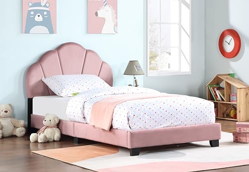 Upholstered Twin Size Platform Bed for Kids Wooden Bed Frame with Slatted Bed Base Cute Kids Bed Frame with Shell Design Headboard for Girls Boys Teens Pink No Box Spring Needed
