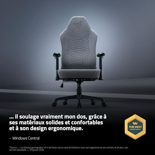 Razer Iskur V2 X - Fauteuil de Jeu Basique avec Support Lombaire intégré (Coussins en Mousse moulée Haute densité, accoudoirs 2D, Tissu Doux) Gris – vue 3