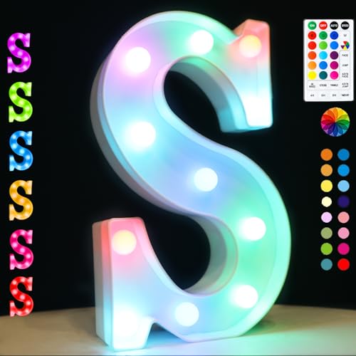 Image of Light Up Colorful LED Marquee Letter lights, 18 Colors Changing Alphabet Letters Sign with Remote Timer for Night Light Girls Bedroom Wedding Birthday Party Lamp Christmas Home Bar Decor- Colorful S
