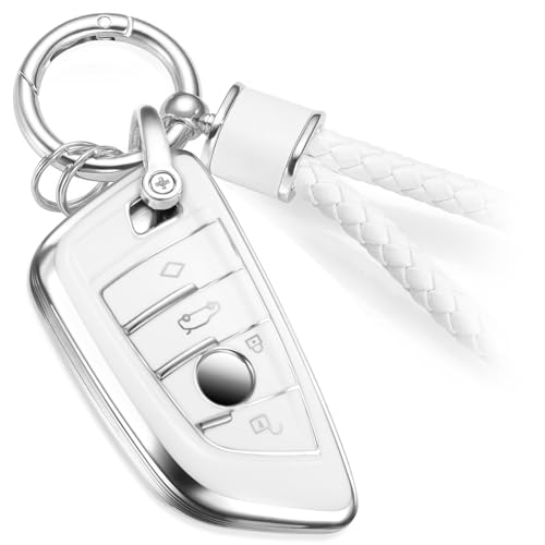 Image of Car Key Fob Cover, White Braided Loop Keychain Case, Silver Edge