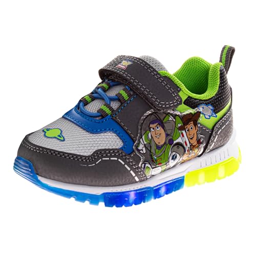Toy Story Sneakers with Lights - Sheriff Woody Buzz Lightyear LED Light Up Shoe - Laceless Lightweight Breathable Athletic Shoes for Boys - Grey Green Blue (Size 9 Toddler)