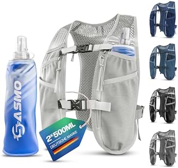 SASMO Laufweste Damen & Herren mit Trinkflasche, 270g Ultraleicht | Trinkweste Laufen, Laufrucksack, Trinkrucksack, 8 Taschen, 2L Trinkblase kompatibel, Atmungsaktiv, Joggen Wander