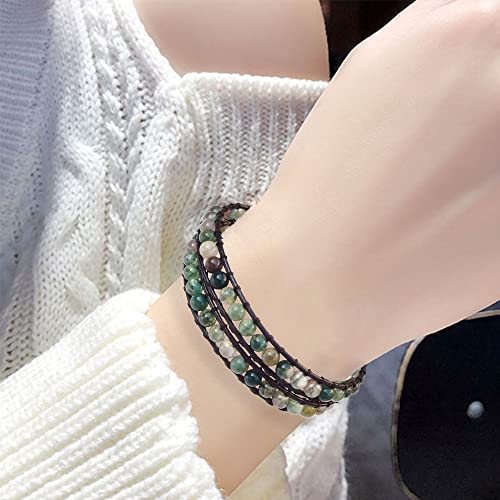 Ayriwoyi Beaded Wrap Bracelets For Women Indian Agate Bracelet Natural Moss Agate Bracelet Leather Wrap Bracelet For Women Boho Adjustable Handmade Gift #TOP3