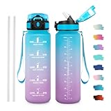 JAPORIA Botella 1L, Botella Agua con Pajita, Cantimplora Deportiva con Marca de Tiempo para Oficina, Bicicleta, Yoga, Running, Gym, Escuela, Viaje