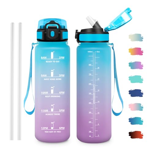 JAPORIA Gourde Motivation 1L, Gourde avec Paille et Marqueur de Temps, Bouteille d'eau sans BPA, Bouteille pour Fitness, Yoga, Bureau, Randonnée