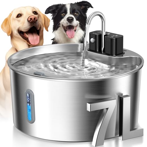 Dog Water Fountain:1.8Gal/7L Wireless Stainless Steel Dog Fountai...