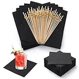 [200 Pcs] Disposable Cocktail Napkins and Picks Set - 4.5'x4.5' Inch 2-Ply Black Paper Napkins and 4.7' Cocktail Toothpicks for Bar,Party,Wedding,Beverage,Dessert