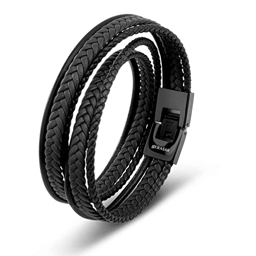Bracelet cuir homme wrap avec fermoir magnétique acier inoxydable noir