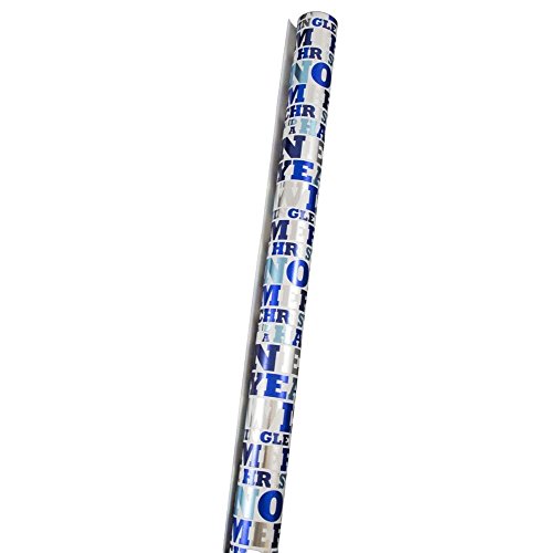 JAM Paper® Christmas Design Wrapping Paper- 25 Sq Ft - Silver & Blue Christmas Greetings - Sold Individually