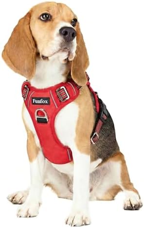 Funfox Anti Zug Hundegeschirr Mittelgroße Hunde mit Frontclip, Rot | Vertikaler Griff, Verstellbar, 2 D-Ringe, Gepolstert, Nachts Reflektierend, für Kleine Mittlere Grosse Hunde, M