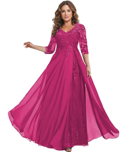 Image of HANVAIOS Sparkly Mother of The Bride Dresses for Women Long Chiffon 3 /4 Sleeve Lace Appliques Formal Gown