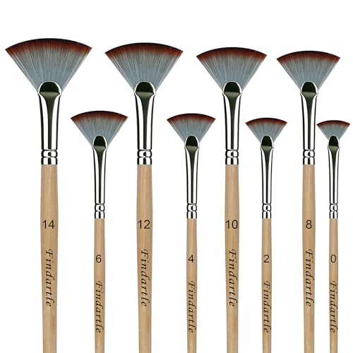 Findartle Fan Paint Brushes, 8 Pcs Nylon Fan Brushes for Watercolour Acrylic Oil Gouache,Artist Paint Brush for Detail Blending,Background Sweeping, Grass Texture,Edge Softening (Natural Wood)