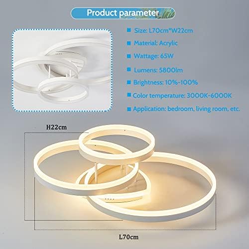 Modern LED Ceiling Light, Simplicity 3 Ring Circle Dimmable Remote Control Ceiling 36W 3200lm, Ceiling Lamp for Living Room, Children's Room, Dining Room, Garage, Bedroom, White, 3000K-6000K