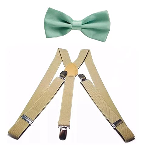 Suspensório Bege + Gravata Borboleta Verde Tiffany (Bege + Verde Tiffany, Adulto)