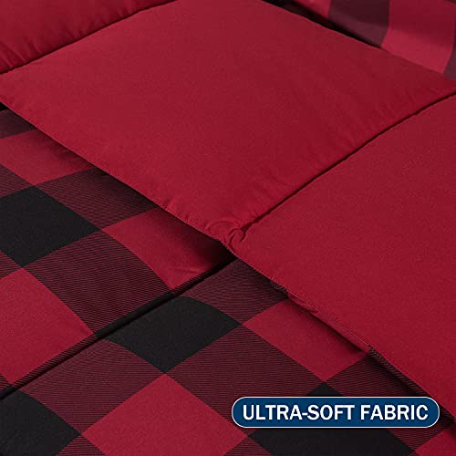 Downluxe Lightweight Plaid Comforter Set (Queen) With 2 Pillow Shams - 3-Piece Set - Red/Black Plaid - Down Alternative Reversible Comforter #TOP3