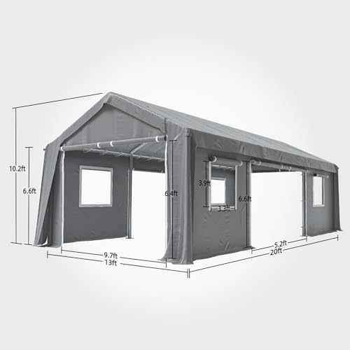 Image of 13x20FT Heavy Duty Carport Canopy 4 Roll-Up Doors & 4 Windows Portable Garage All-Season Outdoor Storage Shed for Car Truck Boat Shelter Party Tent, Gray