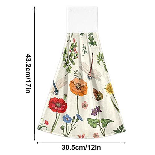 2Pcs Summer Flowers Dragonfly Hanging Kitchen Towel Botanical Leaves Floral Hand Towels Soft Coral Velvet Loop Dish Towel For Bathroom Washcloth Absorbent Tie Towel #TOP2