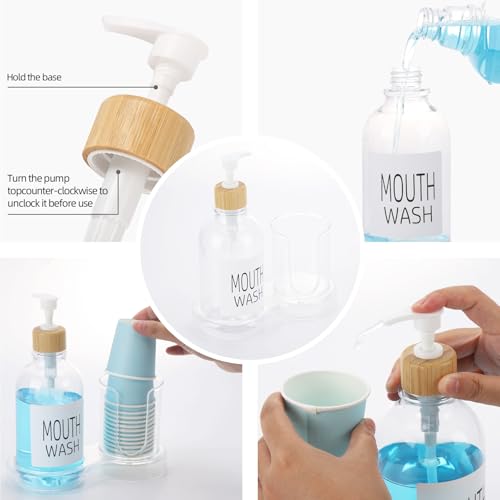 Image of Mouthwash Dispenser for Bathroom, 16oz Plastic Mouthwash Dispenser with Cup Holder and Tray Mouth Wash Bottle Container - Clear