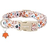 Faygarsle Fall Dog Collar, Autumn Floral Pattern with Maple Leaf Charm, White with Pumpkins and Leaves for Small Medium Large Dogs M