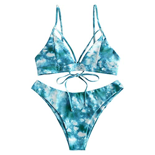 ZAFUL Women s Strappy Lace Up Cut Out High Leg Bikini Set Two Piece Swimsuit (A-Tie Dye3, S)
