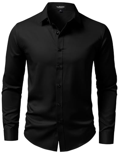 LucMatton Mens Long-Sleeve Button-Up Dress-Shirt Modern Slim-Fit Wrinkle-Free Wedding Formal Shirts Black Large