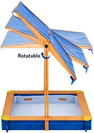Teamson Kids Large Outdoor Wooden Sand Pit with Lid, Rotatable Canopy & Adjustable Height, Garden Sandbox Toy with Cover for Boys & Girls