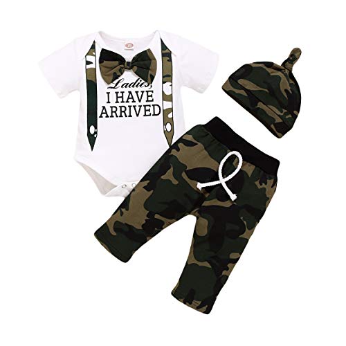 Infant Baby Boy Clothes Short Sleeve Romper Bodysuit Tops Camo Pants Hat 3Pcs Outfit Set Summer Clothing (White Camo, 0-3 Months) #TOP10