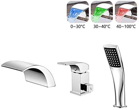 Waterfall Bath Filler Mixer Tap, Bath Tap LED Waterfall, Three Holes Bath Tap Chrome Tub and Shower Sink Mixer Tap Set, Modern Design LED Light Bathroom Bath Tap with Temperature Sensor