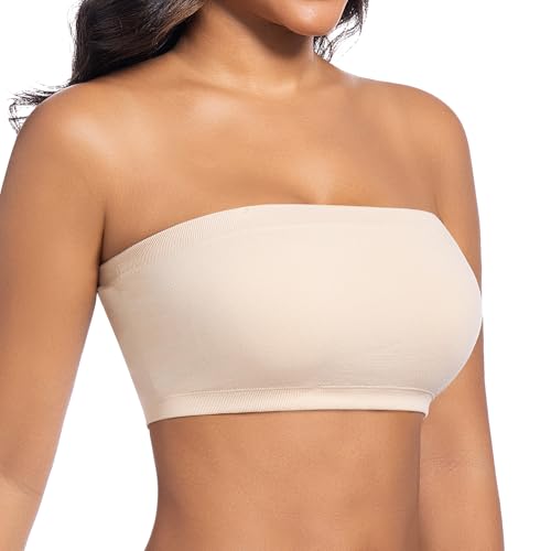 ONEW Bandeau Bra for Women Seamless Non-Wired Strapless Bra Breathable Bandeau Top with Removable Convertible Straps Beige XL